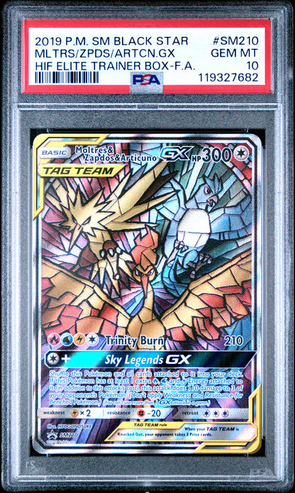 PSA 10 GEM MT MOLTRES/ZAPDOS/ARTICUNO GX #SM210 HIF ELITE TRAINER BOX-F.A. 2019