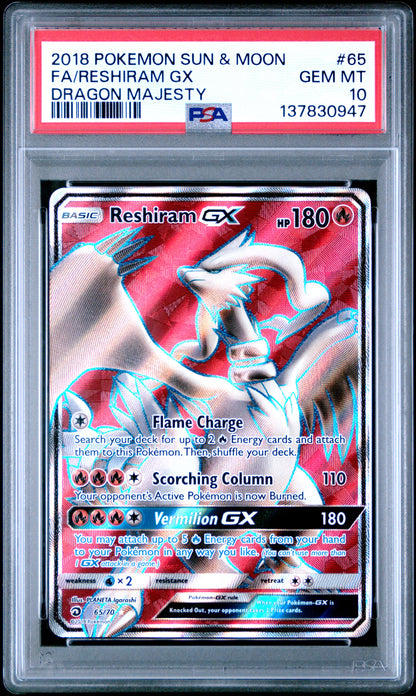 Reshiram Gx Pokemon Sun & Moon Dragon Majesty 65 NM PSA 10