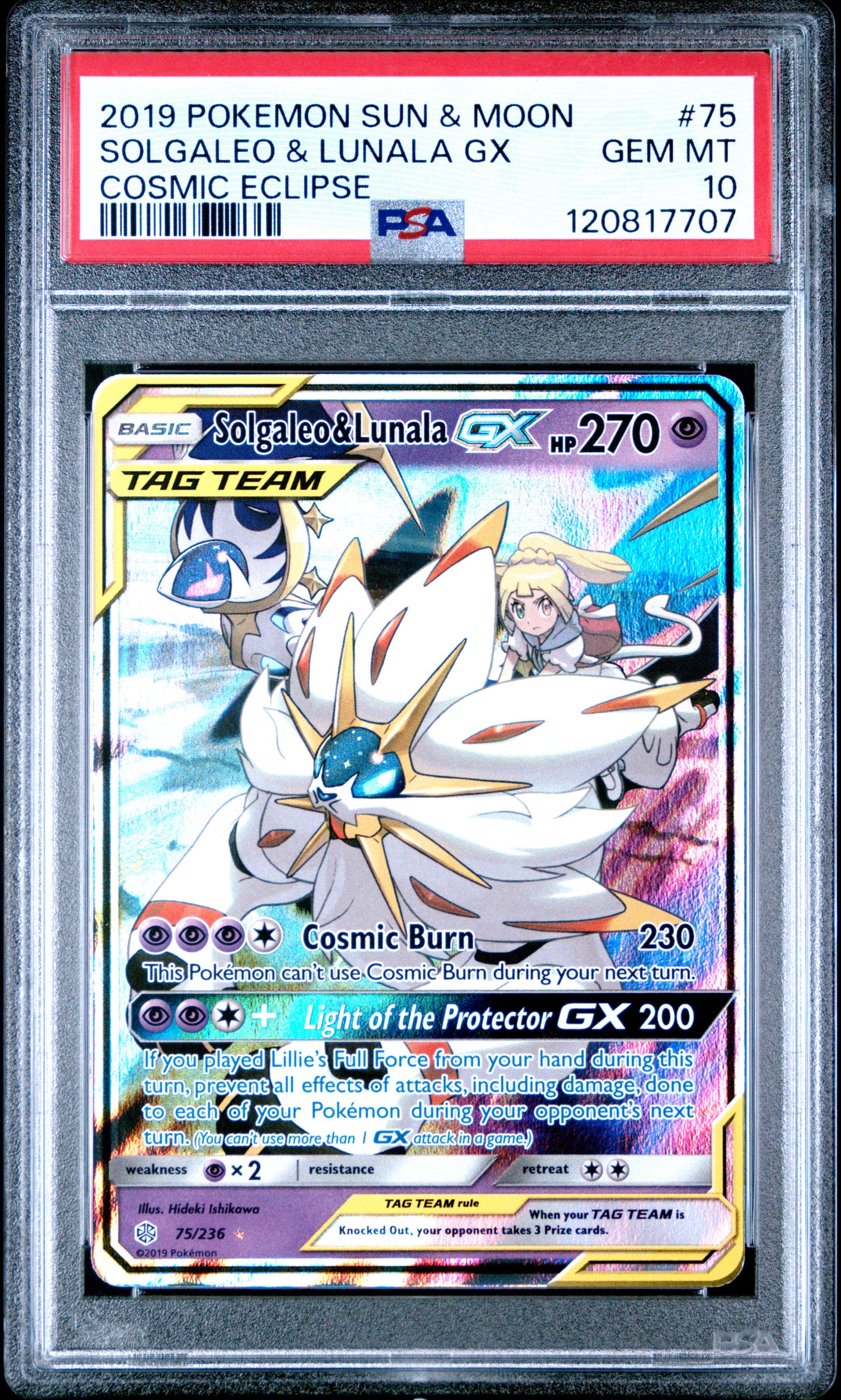 PSA 10 GEM MT SOLGALEO & LUNALA GX #75 COSMIC ECLIPSE 2019