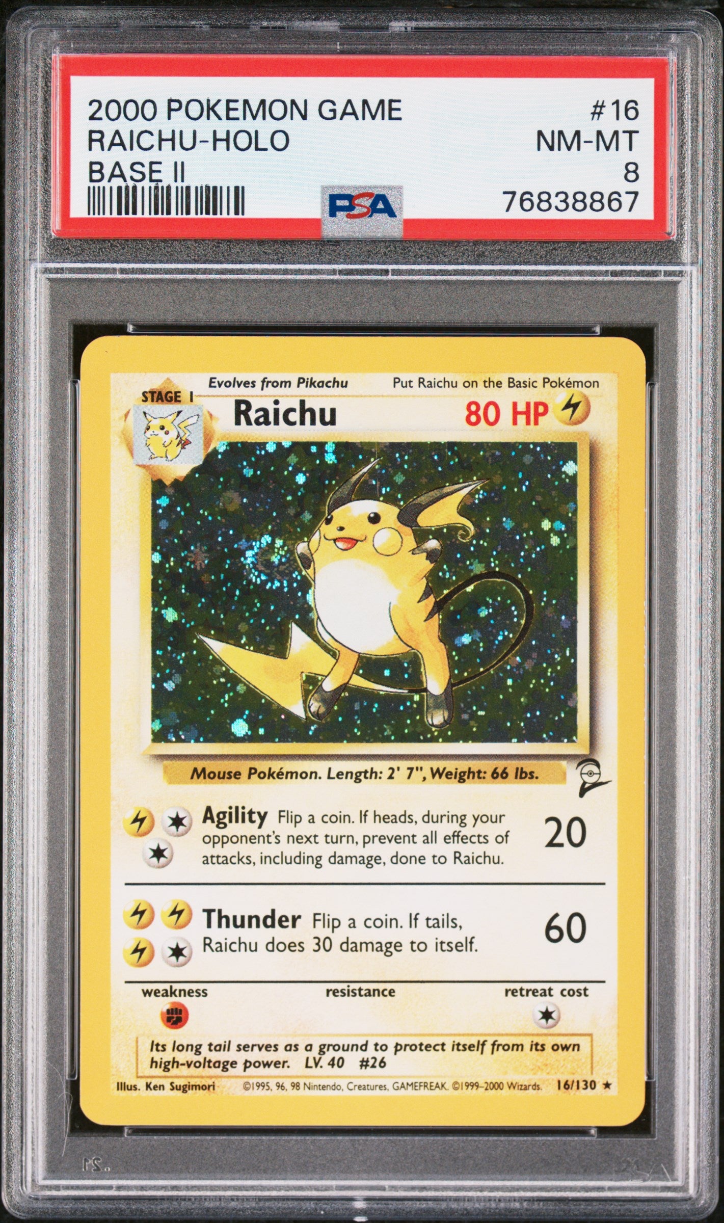 Raichu Holo Base II Pokemon Game Base II 16 NM PSA 8