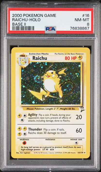 Raichu Holo Base II Pokemon Game Base II 16 NM PSA 8