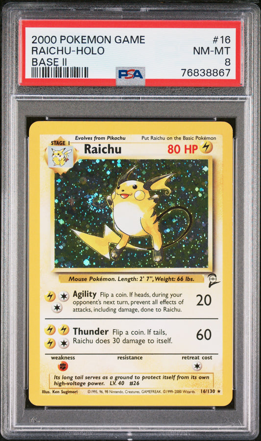 Raichu Holo Base II Pokemon Game Base II 16 NM PSA 8