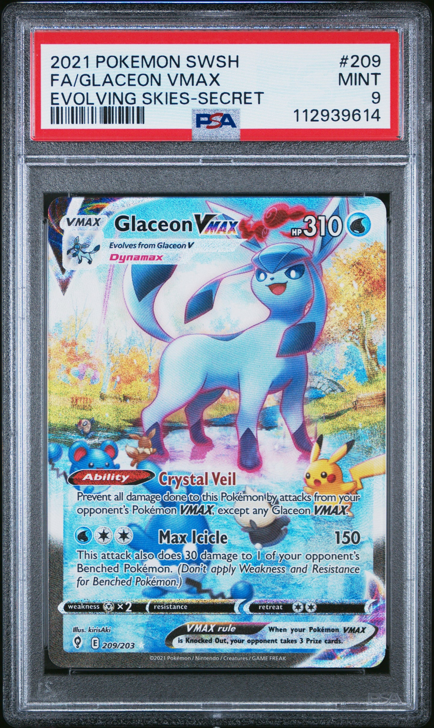 PSA 9 MINT FA/GLACEON VMAX #209 EVOLVING SKIES-SECRET 2021