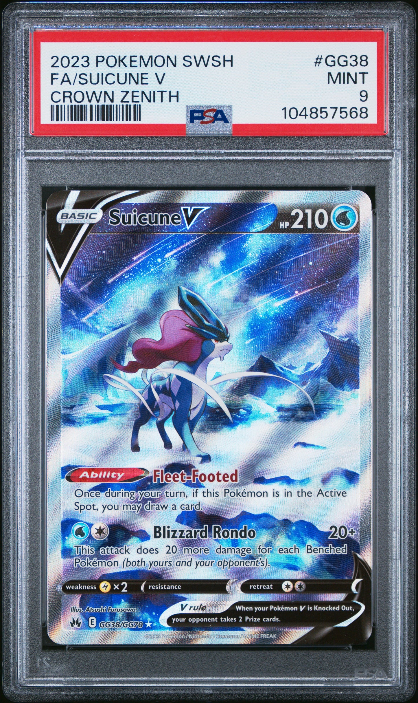 PSA 9 MINT FA/SUICUNE V #GG38 CROWN ZENITH 2023