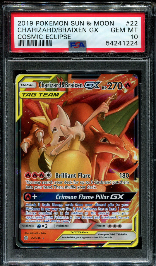 Charizard & Braixen Gx Pokemon Sun & Moon Cosmic Eclipse 22 NM PSA 10